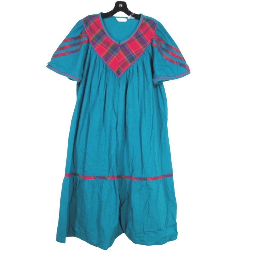VTG APPEL Teal PINK PLAID DETAIL Twill 1/2 ZIP Lounge HOUSE DRESS MUUMUU ROBE L